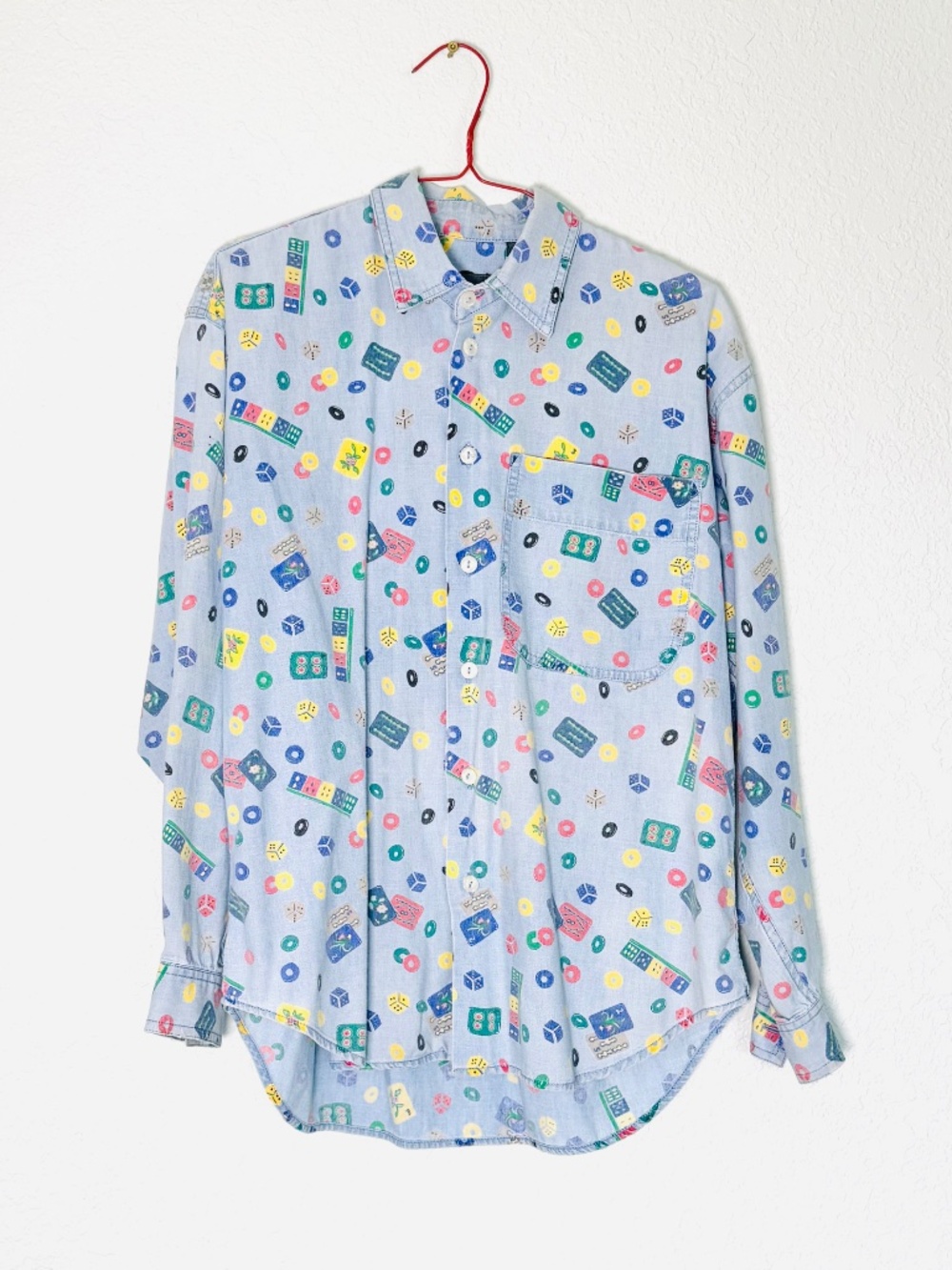 Liz Claiborne Lizwear Chambray Shirt S Cotton Mahjong Dice Games Vintage 90s